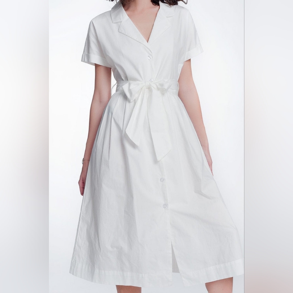 NWT - Q2 of Spain - White Cotton Poplin Midi Shirt Dress w Belt - Size L